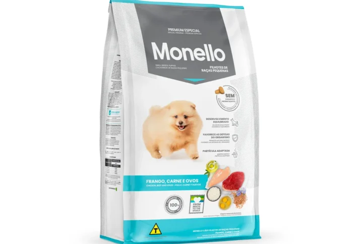 Studio shot of the Monello Premium Puppy Small Breed Dog Dry Food bag. The design features a clean layout with a sky-blue background, a puppy silhouette, and key nutritional benefits.