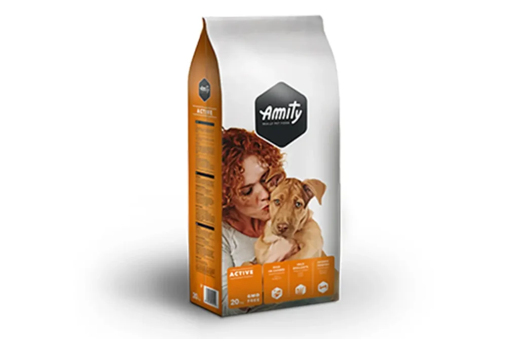 A bag of Amity Active dog dry food. This image emphasizes the powerful, wholesome ingredients and lack of artificial fillers in Amity Eco-Line Active for energetic dogs.