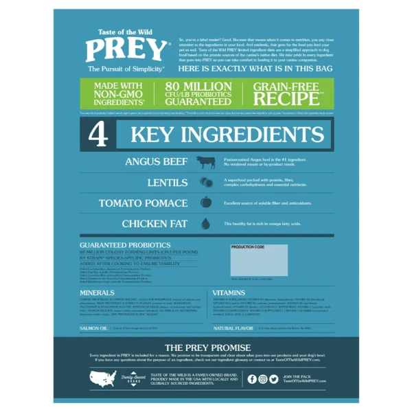 Back panel showing ingredients, nutrition, and brand promises for PREY Angus Beef Dog Food