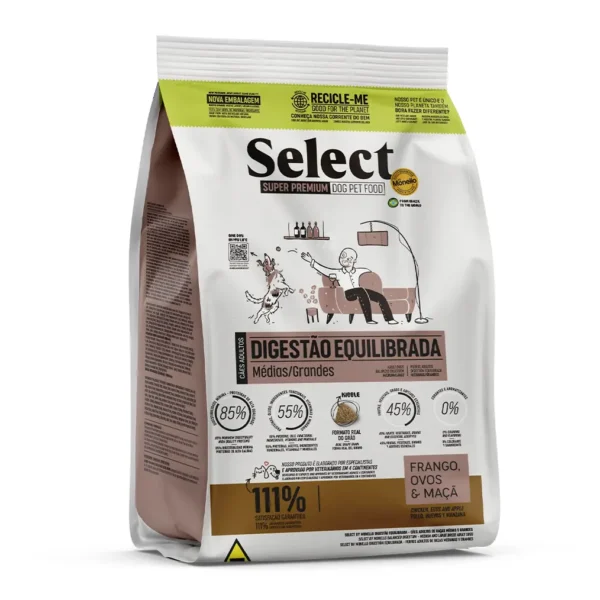Studio shot of the Select by Monello Balanced Digestion High-Protein Dog Food for Medium & Large Breeds bag. The design features a clean layout with a white background, a dog silhouette, and key nutritional benefits.