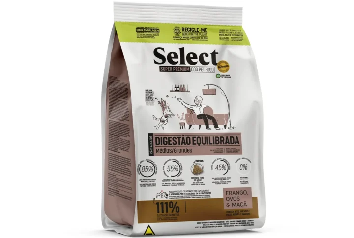 Studio shot of the Select by Monello Balanced Digestion High-Protein Dog Food for Medium & Large Breeds bag. The design features a clean layout with a white background, a dog silhouette, and key nutritional benefits.