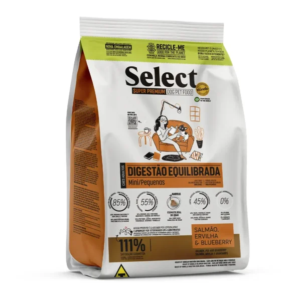 Studio shot of the Select by Monello Balanced Digestion High-Protein Dog Food for Mini & Small Breeds bag. The design features a clean layout with a white background, a dog silhouette, and key nutritional benefits.