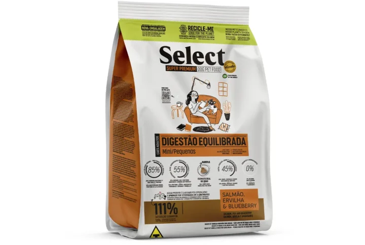 Studio shot of the Select by Monello Balanced Digestion High-Protein Dog Food for Mini & Small Breeds bag. The design features a clean layout with a white background, a dog silhouette, and key nutritional benefits.