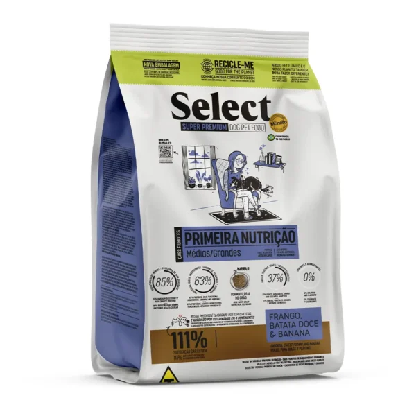 Studio shot of the Select by Monello First Nutrition High-Protein Puppy Food for Medium & Large Breeds bag. The design features a clean layout with a white background, a puppy silhouette, and key nutritional benefits.