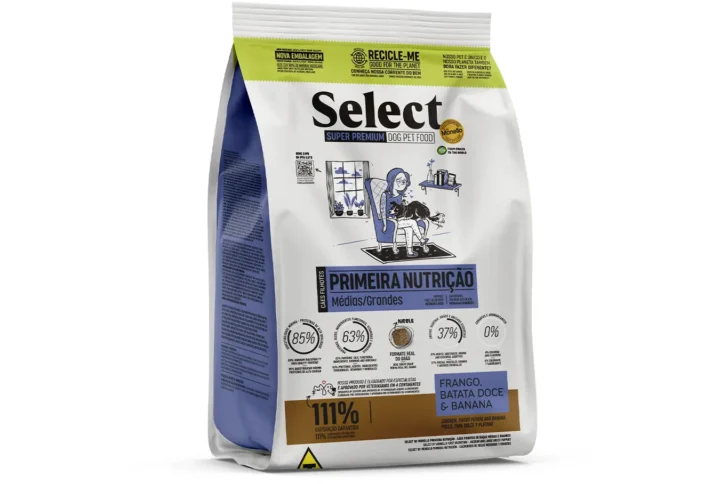 Studio shot of the Select by Monello First Nutrition High-Protein Puppy Food for Medium & Large Breeds bag. The design features a clean layout with a white background, a puppy silhouette, and key nutritional benefits.