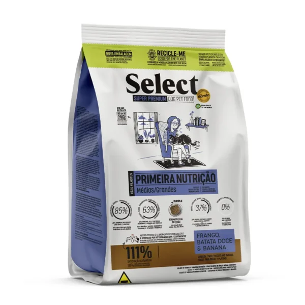 Studio shot of the Select by Monello First Nutrition High-Protein Puppy Food for Mini & Small Breeds bag. The design features a clean layout with a white background, a puppy silhouette, and key nutritional benefits.