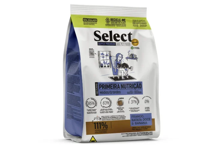 Studio shot of the Select by Monello First Nutrition High-Protein Puppy Food for Mini & Small Breeds bag. The design features a clean layout with a white background, a puppy silhouette, and key nutritional benefits.