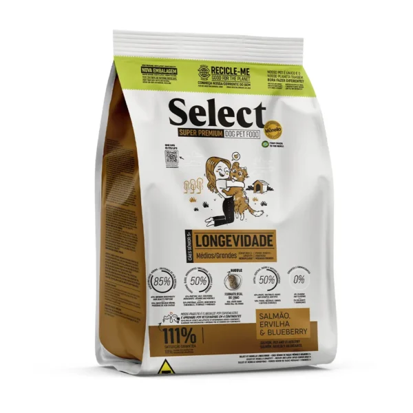 Studio shot of the Select by Monello Longevity High-Protein Senior Dog Food for Medium & Large Breeds bag. The design features a clean layout with a white background, a dog silhouette, and key nutritional benefits.