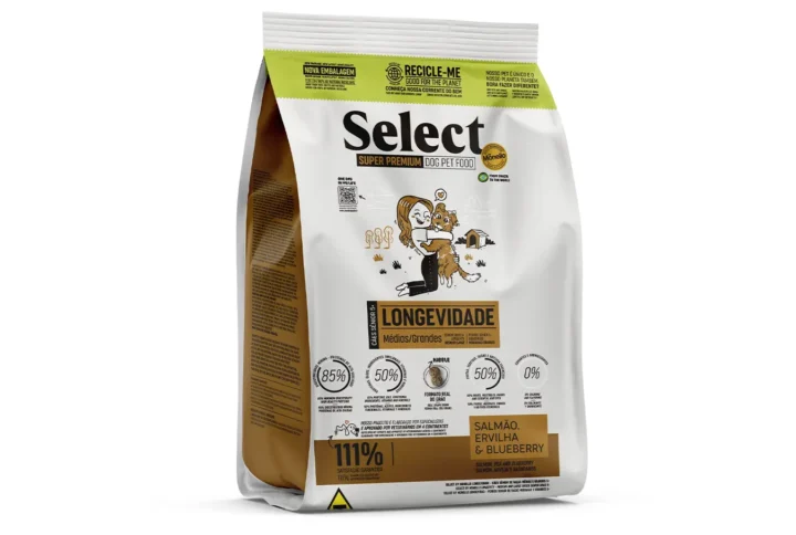 Studio shot of the Select by Monello Longevity High-Protein Senior Dog Food for Medium & Large Breeds bag. The design features a clean layout with a white background, a dog silhouette, and key nutritional benefits.