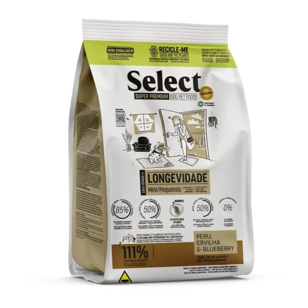 Studio shot of the Select by Monello Longevity High-Protein Senior Dog Food for Mini & Small Breeds bag. The design features a clean layout with a white background, a dog silhouette, and key nutritional benefits.