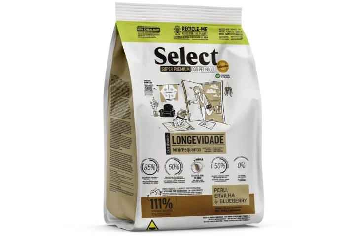 Studio shot of the Select by Monello Longevity High-Protein Senior Dog Food for Mini & Small Breeds bag. The design features a clean layout with a white background, a dog silhouette, and key nutritional benefits.