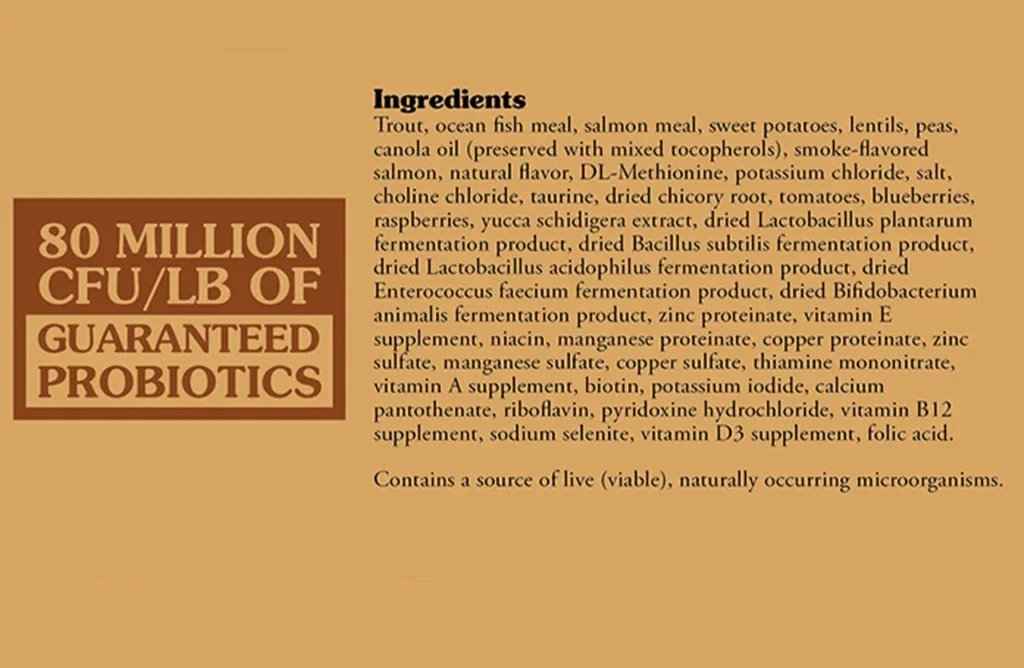 Close-up of the ingredient list for Taste of the Wild Canyon River cat food, highlighting trout, salmon, and the absence of grains and fillers.