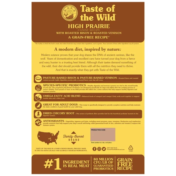 Back panel of Taste of the Wild High Prairie Canine Recipe dog food bag featuring the brand logo, key benefits, icons for probiotics, omega fatty acids, and grain-free assurance, along with storage instructions and production details.
