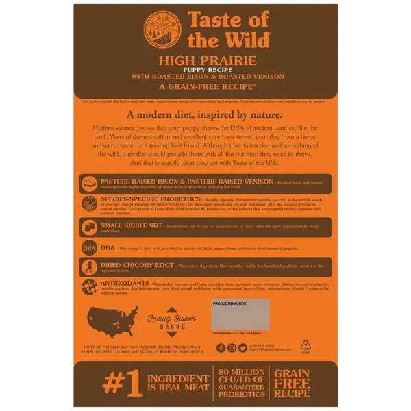 Back panel of the Taste of the Wild High Prairie Puppy Recipe packaging in warm earthy brown/orange tones featuring white and dark brown text with benefit icons. Visible elements include the logo "Taste of the Wild" with a gold emblem, the product name "HIGH PRAIRIE PUPPY RECIPE WITH ROASTED BISON & ROASTED VENISON", and the claim "A GRAIN-FREE RECIPE*". The panel displays the headline "A modern diet, inspired by nature" along with benefit icons for pasture‑raised bison & venison, species‑specific probiotics, small kibble size, DHA for brain/vision development, dried chicory root, and antioxidants. Additional branding, practical info, social media icons, and recycling information are included, all conveying a family‑owned, USA‑made product.
