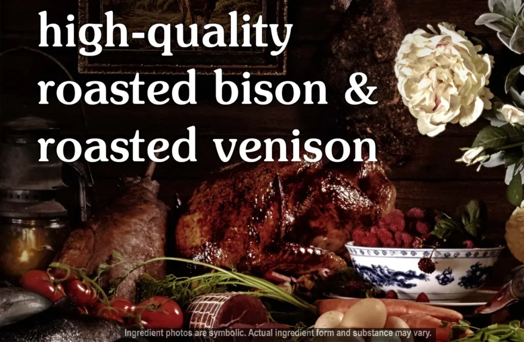 Still life featuring high-quality roasted bison and venison with puppy-appropriate kibble, illustrating the "Experience Nature’s Modern Diet for Growing Puppies" section.