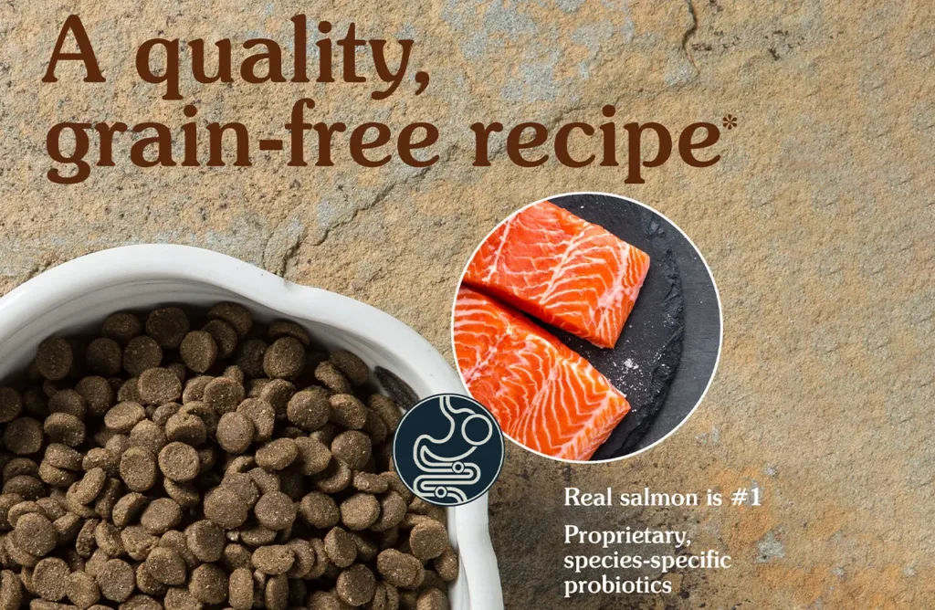 Close-up of Taste of the Wild Pacific Stream kibble in a white bowl next to fresh salmon fillets, highlighting the quality and representing the easy feeding aspect described in the "Enjoy Effortless Feeding and Fresh Meals" section.