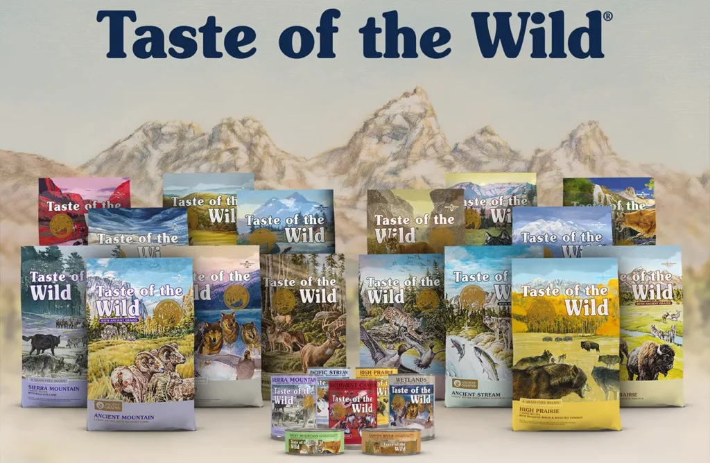 Display of various Taste of the Wild cat food packaging, emphasizing that the Rocky Mountain recipe is suitable for cats of all ages.