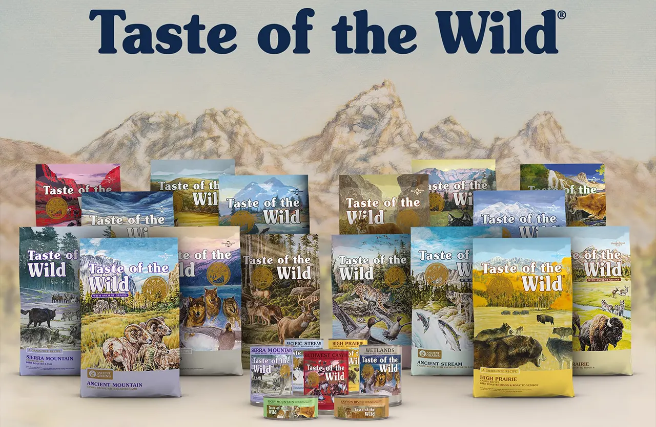 Display of various Taste of the Wild cat food packaging, emphasizing that the Rocky Mountain recipe is suitable for cats of all ages.