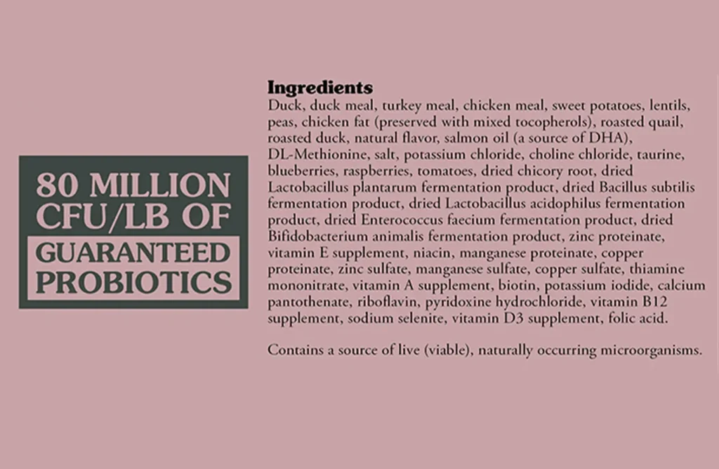 Close-up of the ingredient list for Taste of the Wild Rocky Mountain cat food, highlighting duck, quail, and the grain-free formulation.