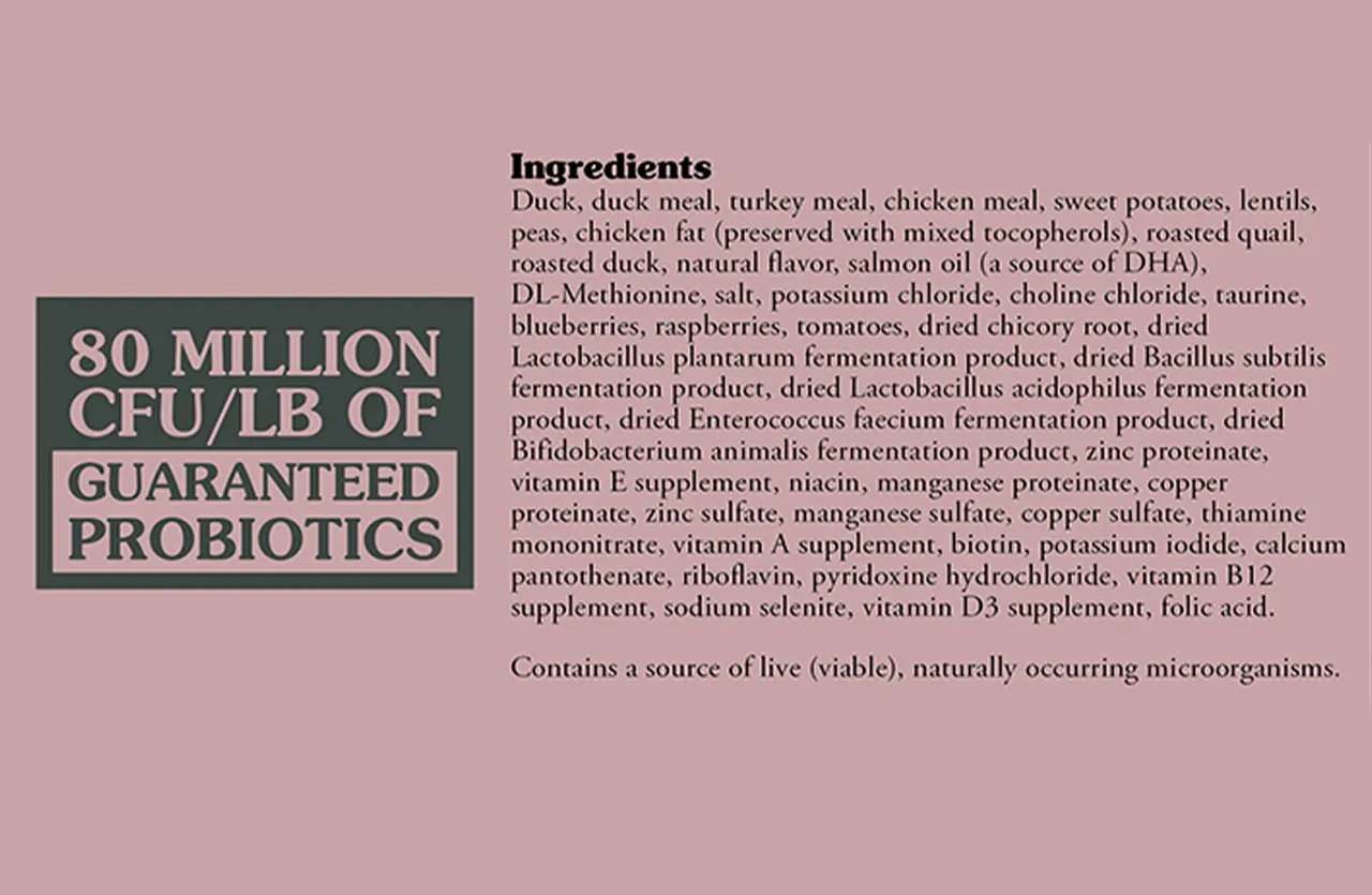 Close-up of the ingredient list for Taste of the Wild Rocky Mountain cat food, highlighting duck, quail, and the grain-free formulation.