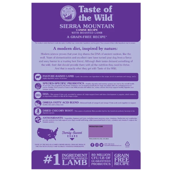 Back panel of the Taste of the Wild Sierra Mountain Canine Recipe bag. The purple panel features white and magenta/pink text and icons in an infographic style. It displays the product name "SIERRA MOUNTAIN CANINE RECIPE WITH ROASTED LAMB" and the claim "A GRAIN-FREE RECIPE*." The headline "A modern diet, inspired by nature" is visible, followed by icons with benefit claims: pasture-raised lamb as #1 ingredient, species-specific probiotics (80 million CFU/LB), DHA for brain & vision support, omega fatty acid blend for skin/coat health, dried chicory root for prebiotic fiber, and antioxidants from vegetables and fruits. Additional details include brand sourcing, production instructions, social media icons, and recycling information with prominent badges demonstrating quality and authenticity.