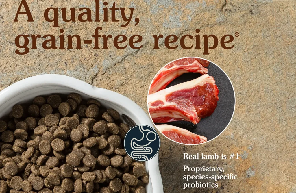 Close-up of Taste of the Wild Sierra Mountain kibble in a white bowl next to raw lamb, highlighting the quality and representing the easy feeding aspect described in the "Enjoy Easy Feeding and Always Fresh Meals" section.