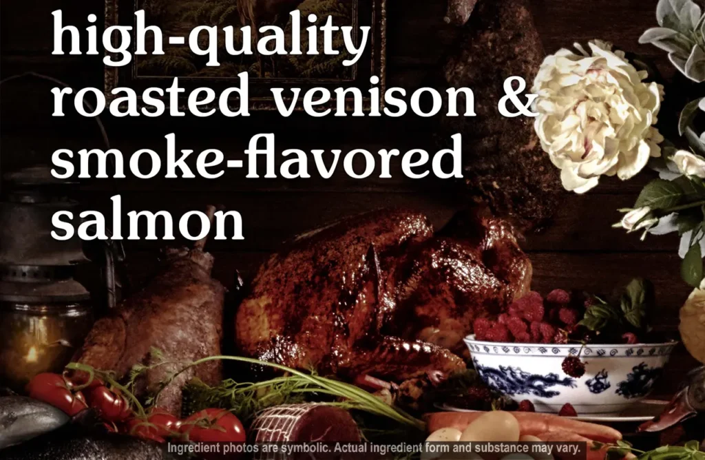 Artistic still life featuring roasted venison and salmon, representing the natural and balanced nutrition of Taste of the Wild Venison & Salmon cat food.
