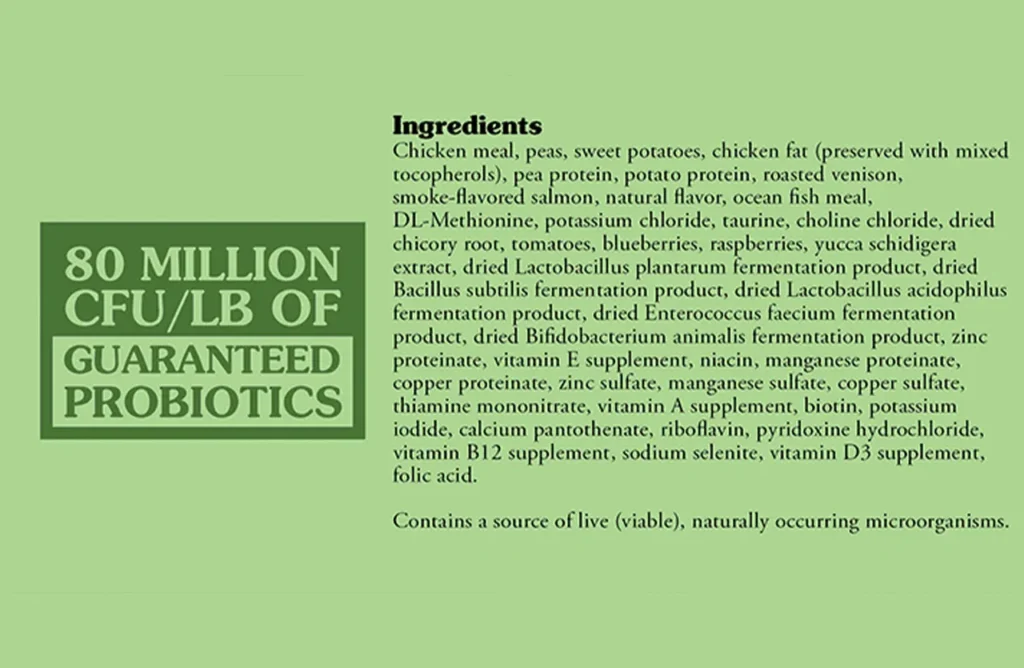 Close-up of the ingredient list for Taste of the Wild Venison & Salmon cat food, highlighting roasted venison, smoke-flavored salmon, and the grain-free formula.